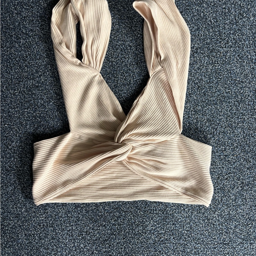 Beige Ribbed Twist Front Crop Top + Blue Crop Top